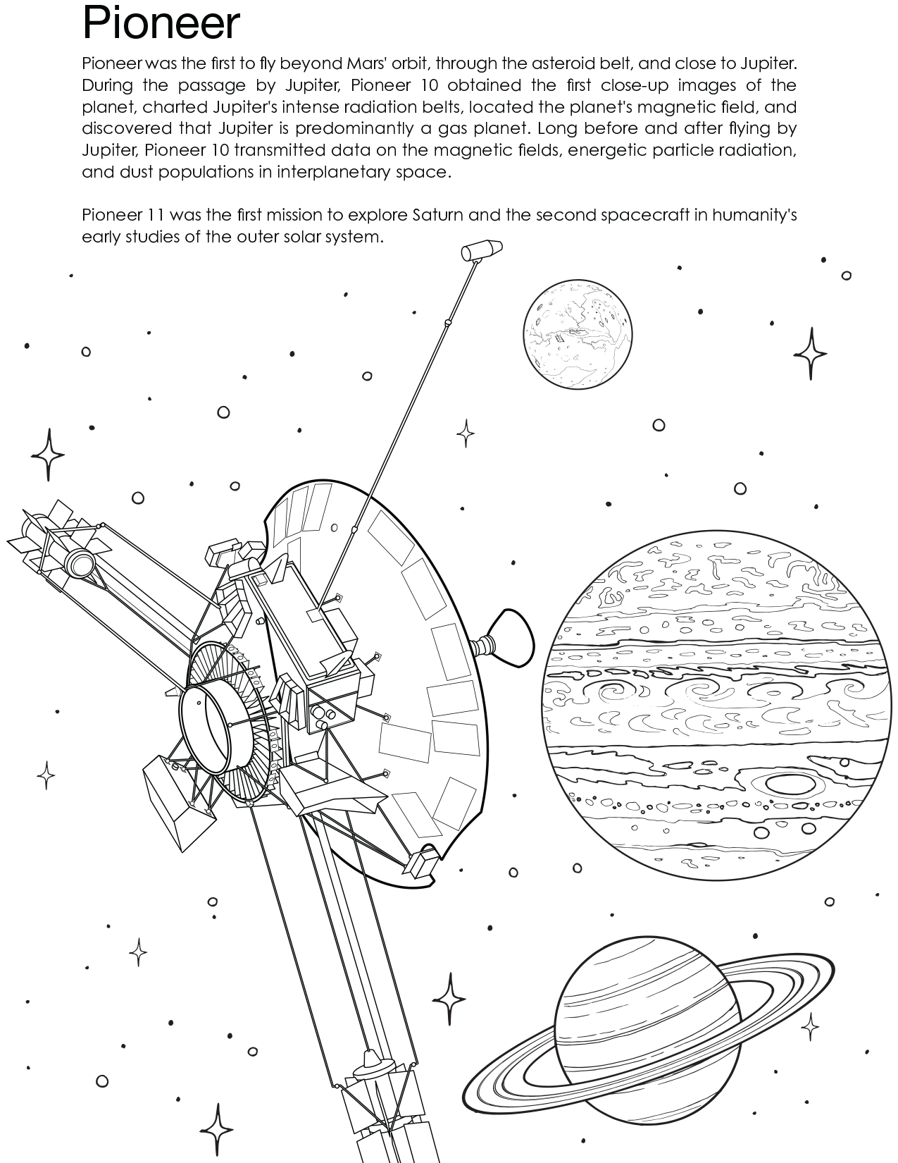 Coloring page for Pioneer 10 & 11.