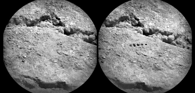 This is a picture of Martian soil before and after it was zapped by the Curiosity rovers laser instrument called ChemCam.