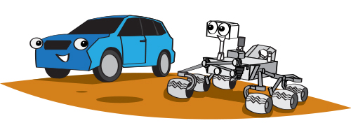 a cartoon illustration of the Curiosity rover next to a small SUV