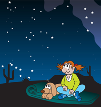 Tira de una nia y un perro sentados sobre una bolsa de dormir en el desierto, que observan el cielo nocturno estrellado. 