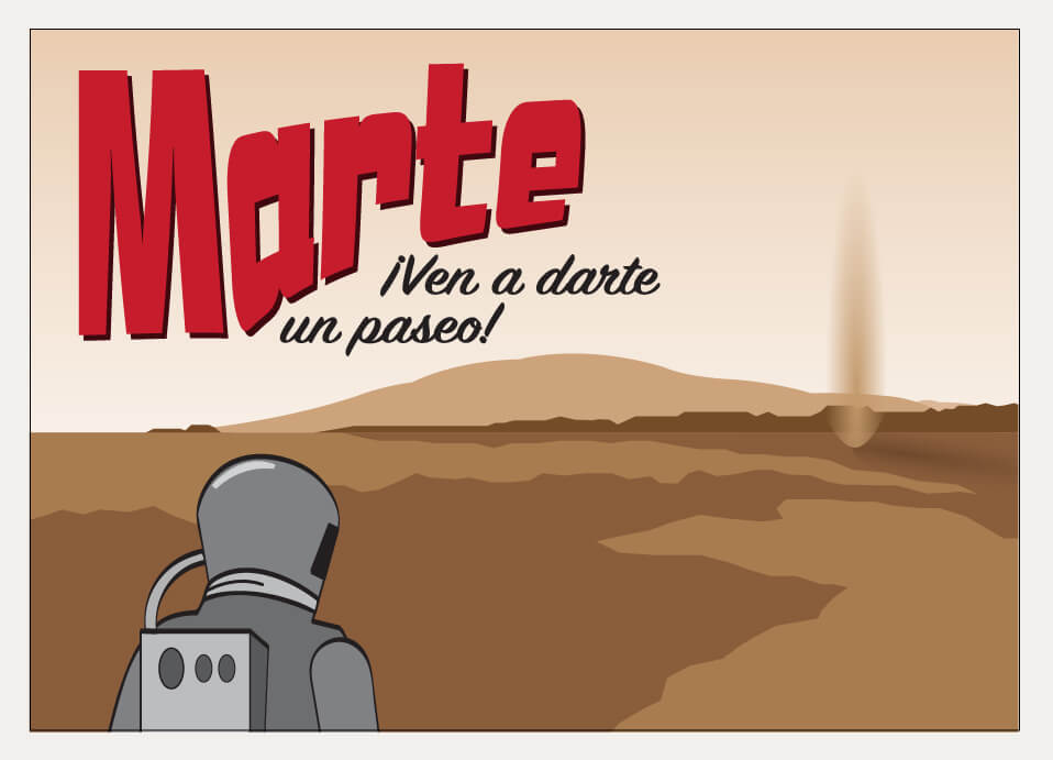 Una ilustración de postal estilizada de la superficie de Marte.