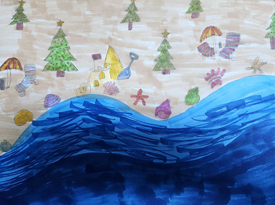 Illustration of a beach filled with christmas tree and beach gear.
