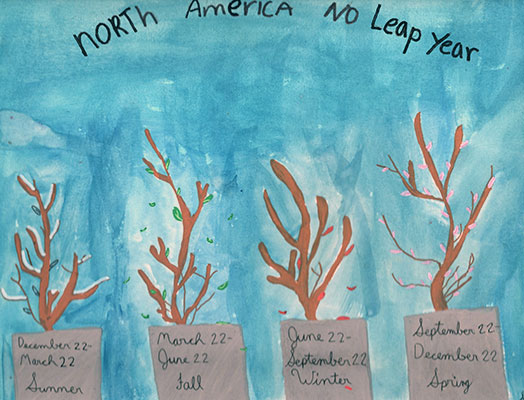 Illustration of four trees, each representing a different season. Text at the top reads North America no leap year. The tree in the Summer has snow on it. The tree in the Fall has green leaves on it. The tree in the Winter has red leaves on it. The tree in the Spring has pink leaves on it.