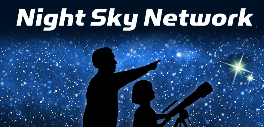 An illustration of a starry night sky with the silhouettes of an adult and a child in the foreground. White text reads Night Sky Network.
