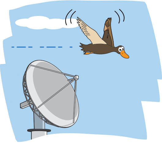 a cartoon of a bird flying over a radar dish