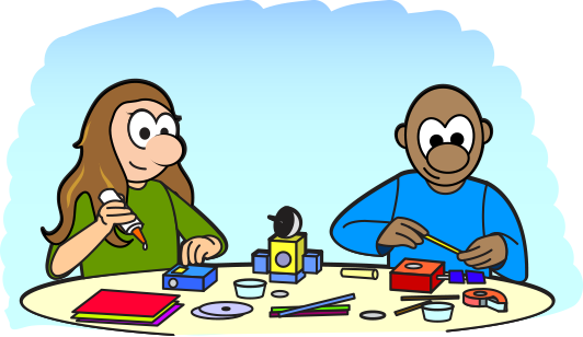 cartoon of two kids building a model of a satellite