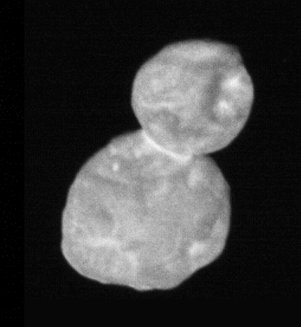 Image of the Kuiper Belt Object Arrokoth, a snowman-shaped object.