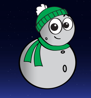 Cartoon of the snowman-shaped object named Arrokoth, wearing a scarf and snow hat.
