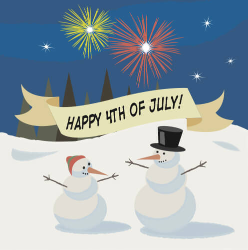 Illustration of two snowmen on the 4th of July with fireworks and snow in the background.
