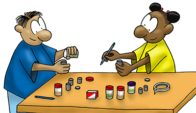 Cartoon of boy and girl doing experiment with small containers on table.