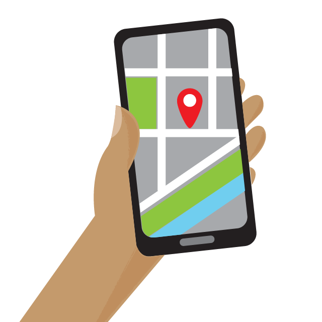 Illustration of a hand holding a phone with a maps application active.