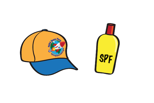 an illustration of a hat and a bottle of sunscreen.
