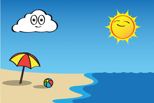 an illustration of a beath with an umbrella, beach ball, and the Sun shining in the sky.