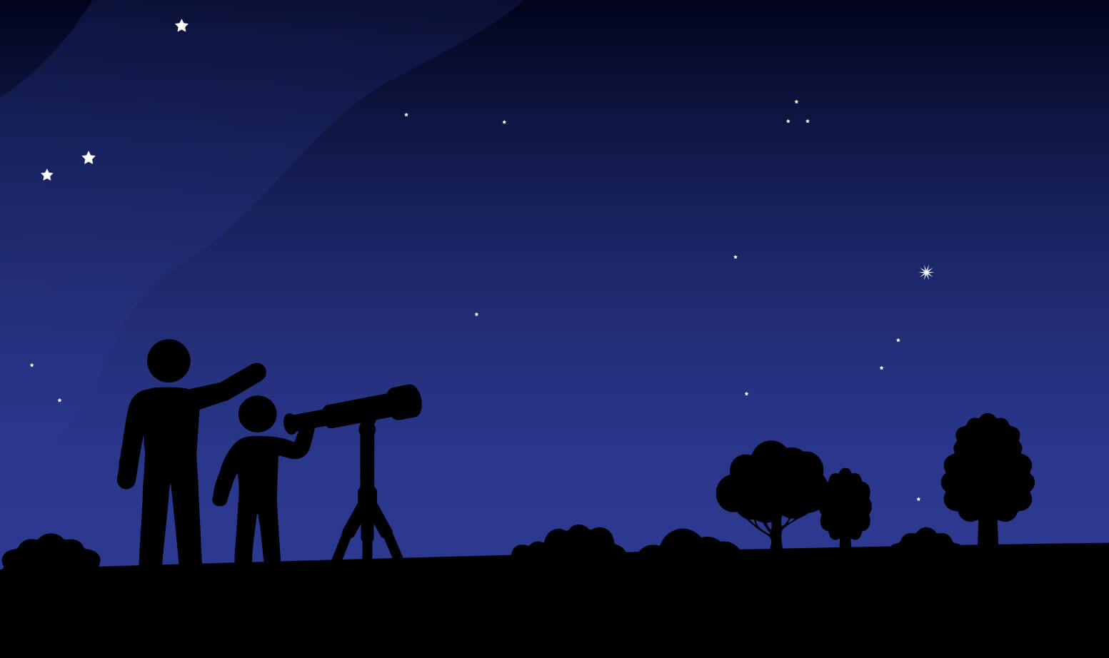 Illustration of the silhouettes of stargazers with a telescope.