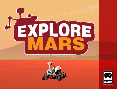 Game box art for the game Explore Mars. A Mars rover is in the middle of a Mars landscape.