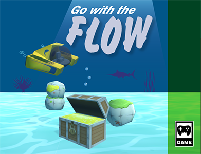 Game box cover for the game Go With the Flow. It features a submarine, some rocks, and a treasure chest in an underwater environment with the logo for the game Go With the Flow.