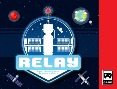 Game box art for the game Relay. The game logo is a spacecraft with text below it that says Relay Laser-Based Space Communications. Around the logo are Mars, Earth and two spacecraft.