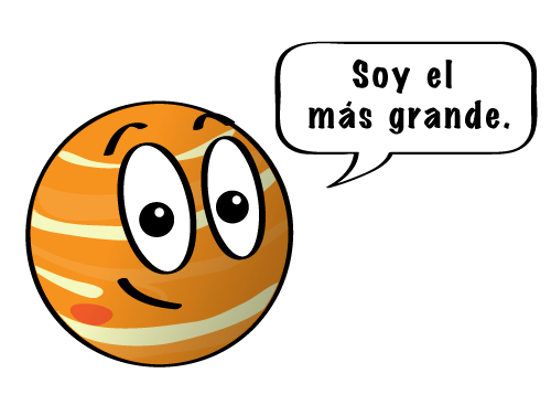 Una caricatura de Júpiter con ojos grandes y una sonrisa. Un globo de diálogo a su derecha dice: Soy el más grande.