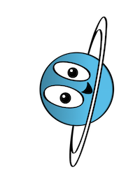 Una caricatura de Urano de lado con una cara sonriente